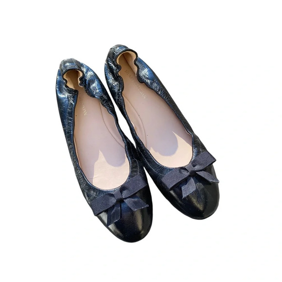 Stuart Weitzman Raven Flats bow black patton leather size 7.5 - Picture 1 of 9